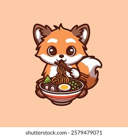 Fox Eat Ramen Cartoon Illustration