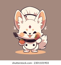 A fox is eating a carrot with a fork.