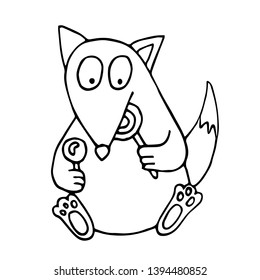 Fox eats a sweet candy. Sweet tooth. Coloring book vector illustration