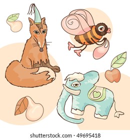 fox, elephant, bee, pear and apple