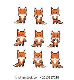 Fox emoji icons set. Pixel art. Old school computer graphic style. Games elements.