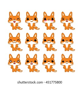Fox emoticons set. Pixel art. Old school computer graphic style. Kawaii japanese. Game elements. Pixel icons set.
