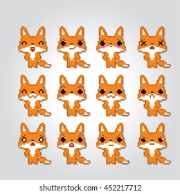 Fox emoticons set. Pixel art. Old school computer graphic style. Kawaii japanese. Game elements.