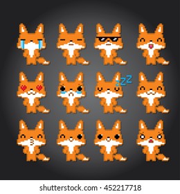 Fox emoticons set. Pixel art. Old school computer graphic style. Kawaii japanese. Game elements.