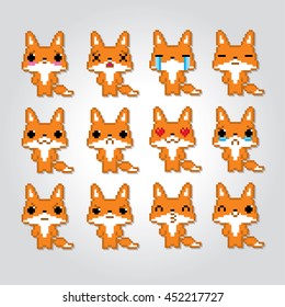 Fox emoticons set. Pixel art. Old school computer graphic style. Kawaii japanese. Game elements.