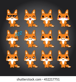 Fox emoticons set. Pixel art. Old school computer graphic style. Kawaii japanese. Game elements.
