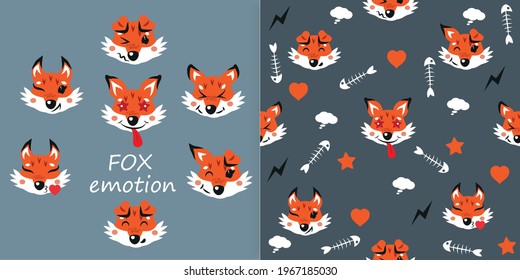 Fox emotion pattern. Pattern with cute fox faces for children. Vector illustration.