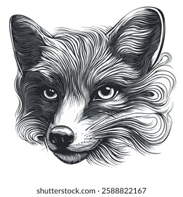 Fox engraving sketch black and white. Vector EPS 10, 3 colors.