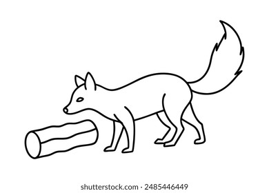 A fox exploring a fallen tree trunk vector line art illustration