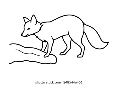 A fox exploring a fallen tree trunk vector line art illustration