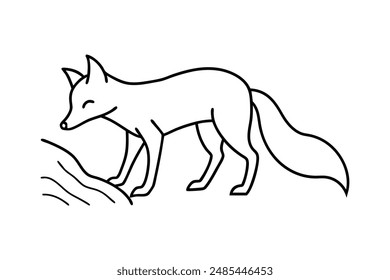 A fox exploring a fallen tree trunk vector line art illustration