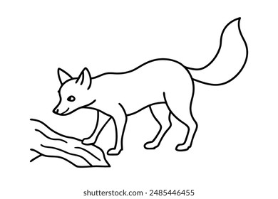 A fox exploring a fallen tree trunk vector line art illustration