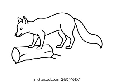 A fox exploring a fallen tree trunk vector line art illustration