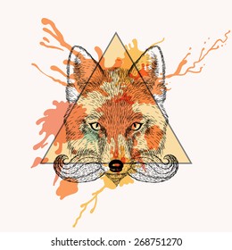 Fox face with bread in triangle frame with watercolor ink drop. Hand Drawn doodle vector illustration. Sketch for tattoo. Animal collection.