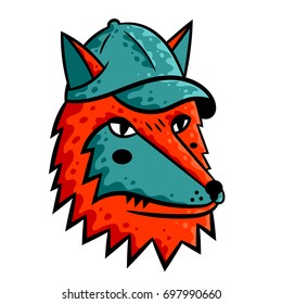 Fox face. Cartoon fox face and green cap on white background isolated. Stock Vector Illustration. Cartoon style.