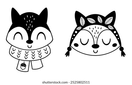 Fox face clipart. Cute black and white fox head clipart doodle. Autumn animal character. Hand drawn vector illustration in flat style