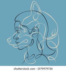 Fox face.One continuous line. Portrait of a female face. Animal head. Carnival mask on the face of a female character.Totem symbol. Tattoo design.Face and animal profile.Continuous color line.Fox logo