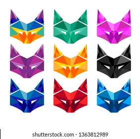 fox face in different colors, vector icons of masks with geometric pattern. abstract animal logo