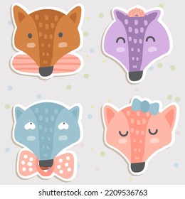 Fox Face Mood Sticker. Cute Wildlife Cartoon Animal hang on Tag Vector Illustration.