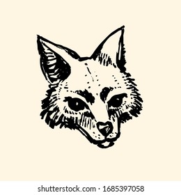 Fox face. Fox muzzle. Ink hand drawn illustration. Animal art. Isolated from background.