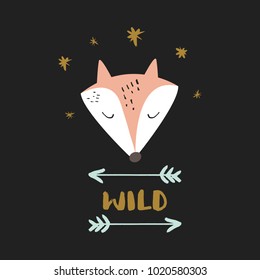 Fox face, night sky, drawn letters and arrows, wildlife label, boho style, baby poster. Decor elements, sticker, card for social networks and other, postcard. Vector, clip art. Isolated. 