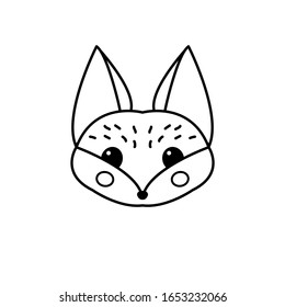 Fox face in outline. Doodle style. Black and white. Cute tricky foxy head isolated on white background. Woodland forest animal. Cartoon vector illustration
