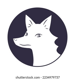 Fox face portrait flat vector illustration, paper cutting style black and white round icon.