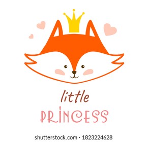 Fox face with quote little princess isolated on white background. Illustration for children. Cute red fox girl with crown. Template for prints, posters, cards, postcardsBaby fox.