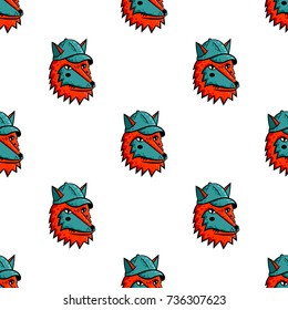 Fox face seamless pattern. Cartoon fox face and green cap seamless pattern on white background isolated. Stock Vector Illustration. Cartoon style.