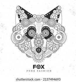 Fox face silhouette with gears. Punk style. Vector illustration