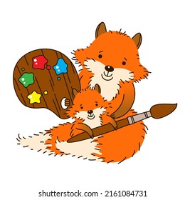Fox family and art brush and palette. Art and drawing for family. Fox mom and fox baby vector illustration