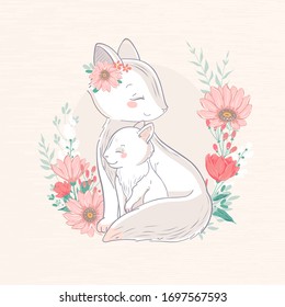 Fox family character with flowers. Vector illustration. Mom and baby. 