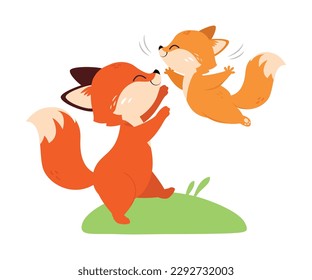 Fox family. Cute mom playing with her cub cartoon vector illustration