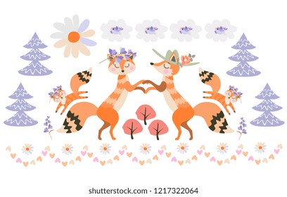Fox family in the fairy forest. Parents hold hands, and children fun jump around them. Birds, clouds, sun in the form of daisy flower. Beautiful card for children in vector. Printing for fabric.