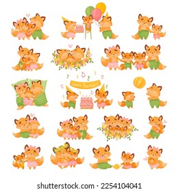 Fox Family with Parents and Little Baby Spending Time Together Big Vector Set