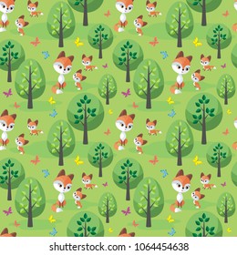 Fox family. Seamless pattern with cute animals and their cubs. Colorful vector background in cartoon style.