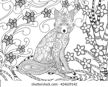 Fox in fantasy forest. Animals. Hand drawn doodle. Ethnic patterned illustration. African, indian, totem tatoo design. Sketch for avatar, tattoo, poster, print or t-shirt.