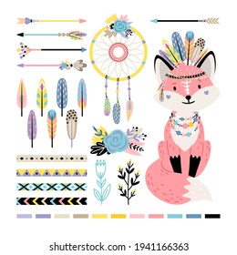 Fox with feathers and arrows. Cartoon funny mammal with cute tail, vector illustration decorations of indian elements by flowering branches and dreamcatcher isolated on white backgr