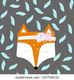 Fox with feathers, english text. Cute poster design. Backdrop vector with lettering. Save the date card.