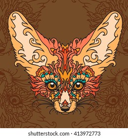 Fox Fenech beautiful print. Tattoo design with the head of a fox. Colorful patterned design with a fox head. Ornamental image of a wild animal. Beautiful predatory print for fabric.