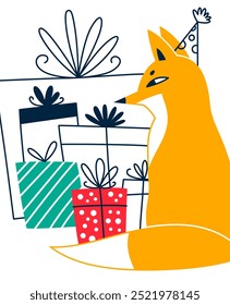 Fox in a festive cap looks at a pile of gifts. Vector illustration for birthday