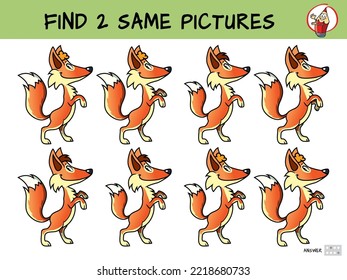 Fox. Find two same pictures. Educational matching game for children. Cartoon vector illustration