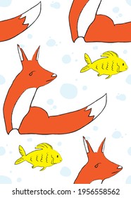 patrón sin fisuras del vector del lápiz de imitación de zorros y peces