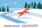 A fox with a fish in its mouth jumps over a river in a winter forest