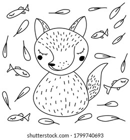 Fox and fish in Scandinavian style Doodle. Vector illustration black line