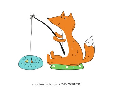 Fox fisherman. Cute fox catches fish by the lake. Animal, fishing. World Fisheries Day. Doodle, drawing. Vector illustration on white isolated background.