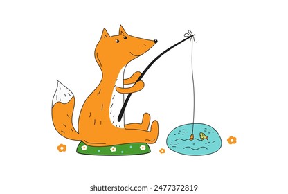 Fox fisherman. Cute fox catches fish by the lake. Animal, fishing. World Fisheries Day. Doodle, drawing. Vector illustration on white isolated background.