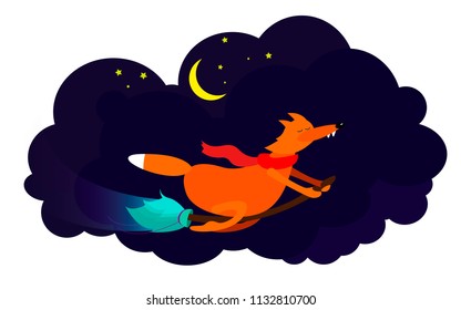 the fox flies on a broomstick