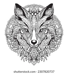 A fox with floral pattern complex coloring book page for adults.