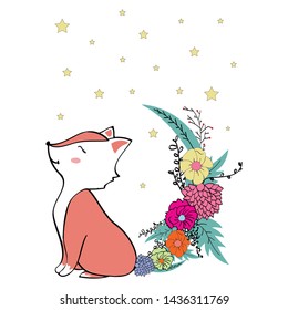 fox flower leaf polka star line park girl tee illustration art vector